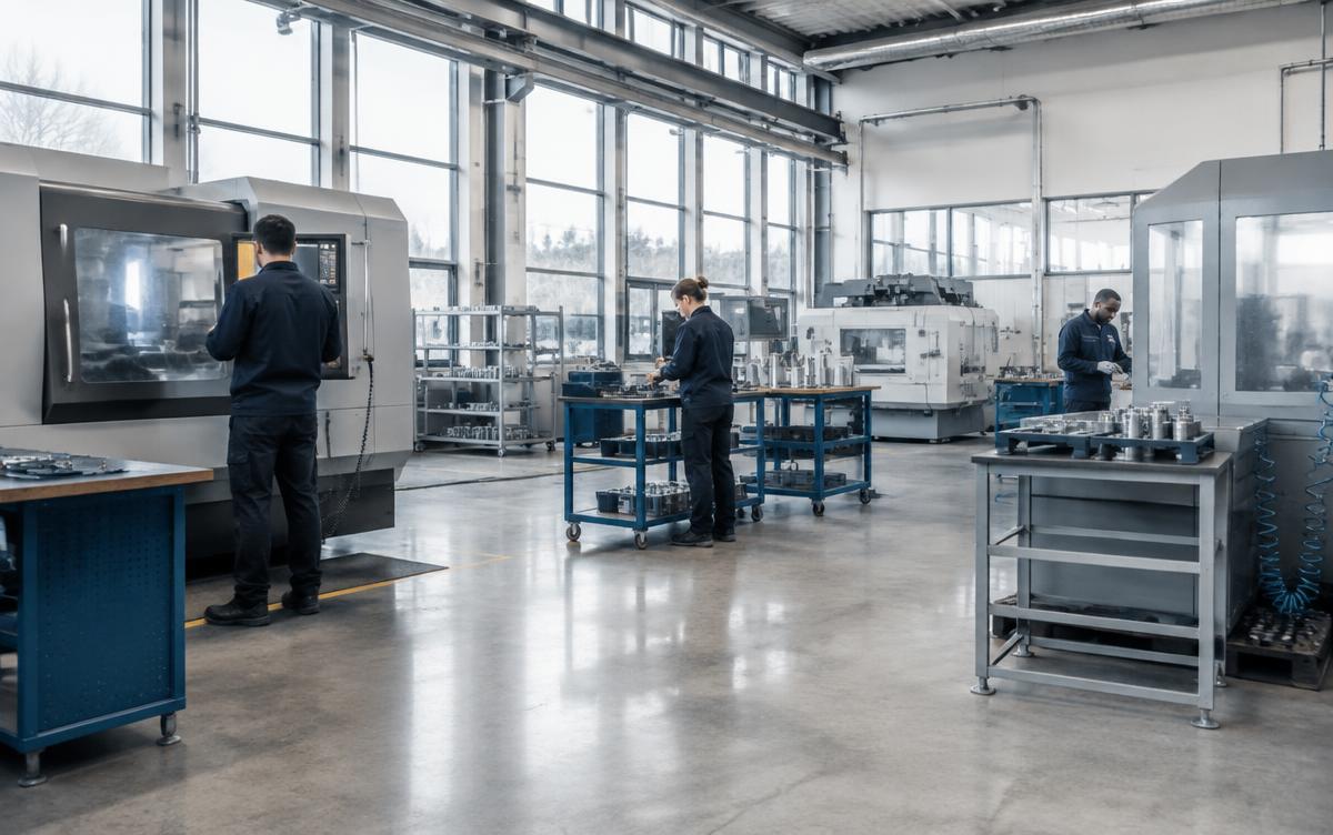 Mid sized industrial plant with a small team at work
