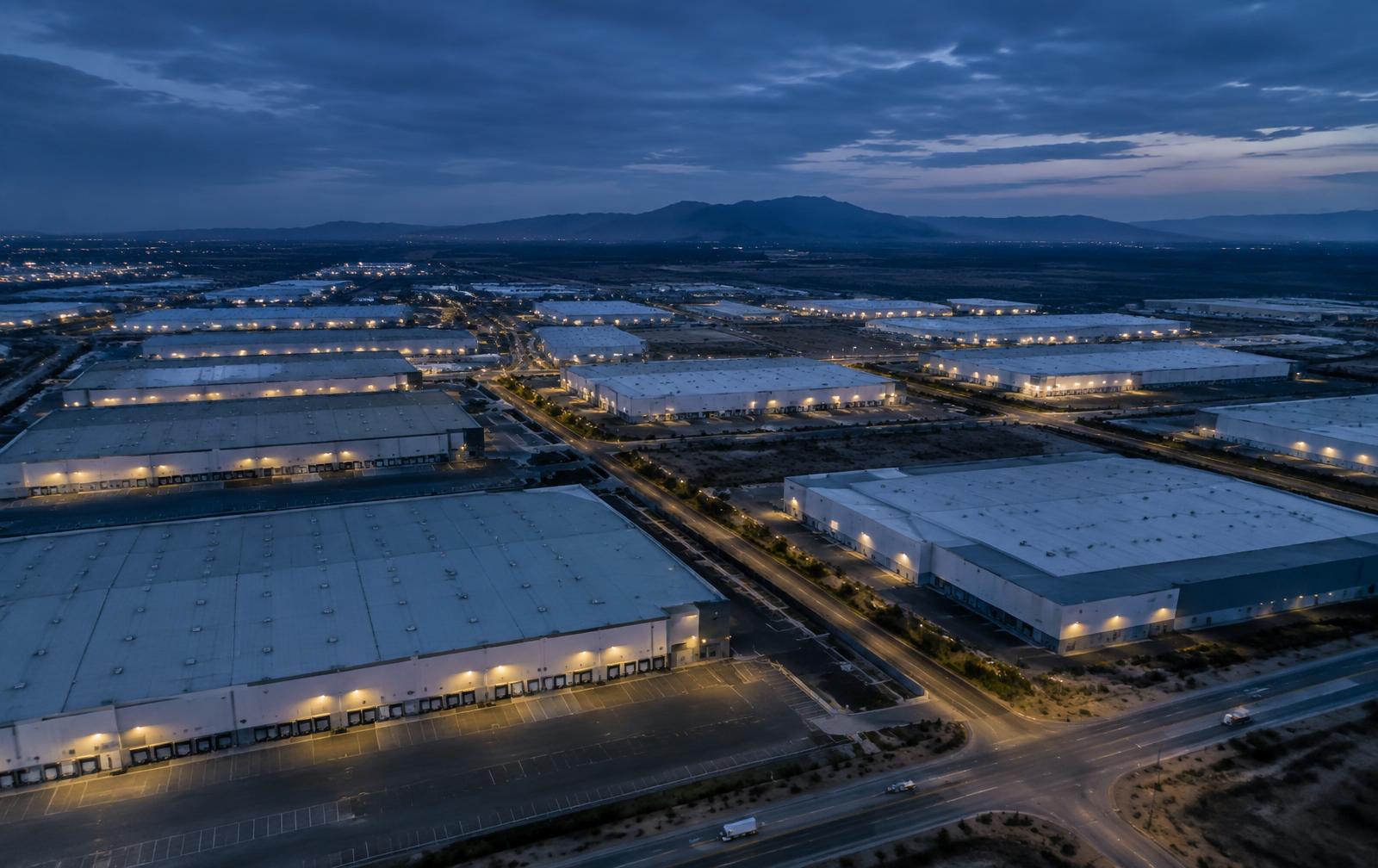 Aerial view of an industrial park at dusk