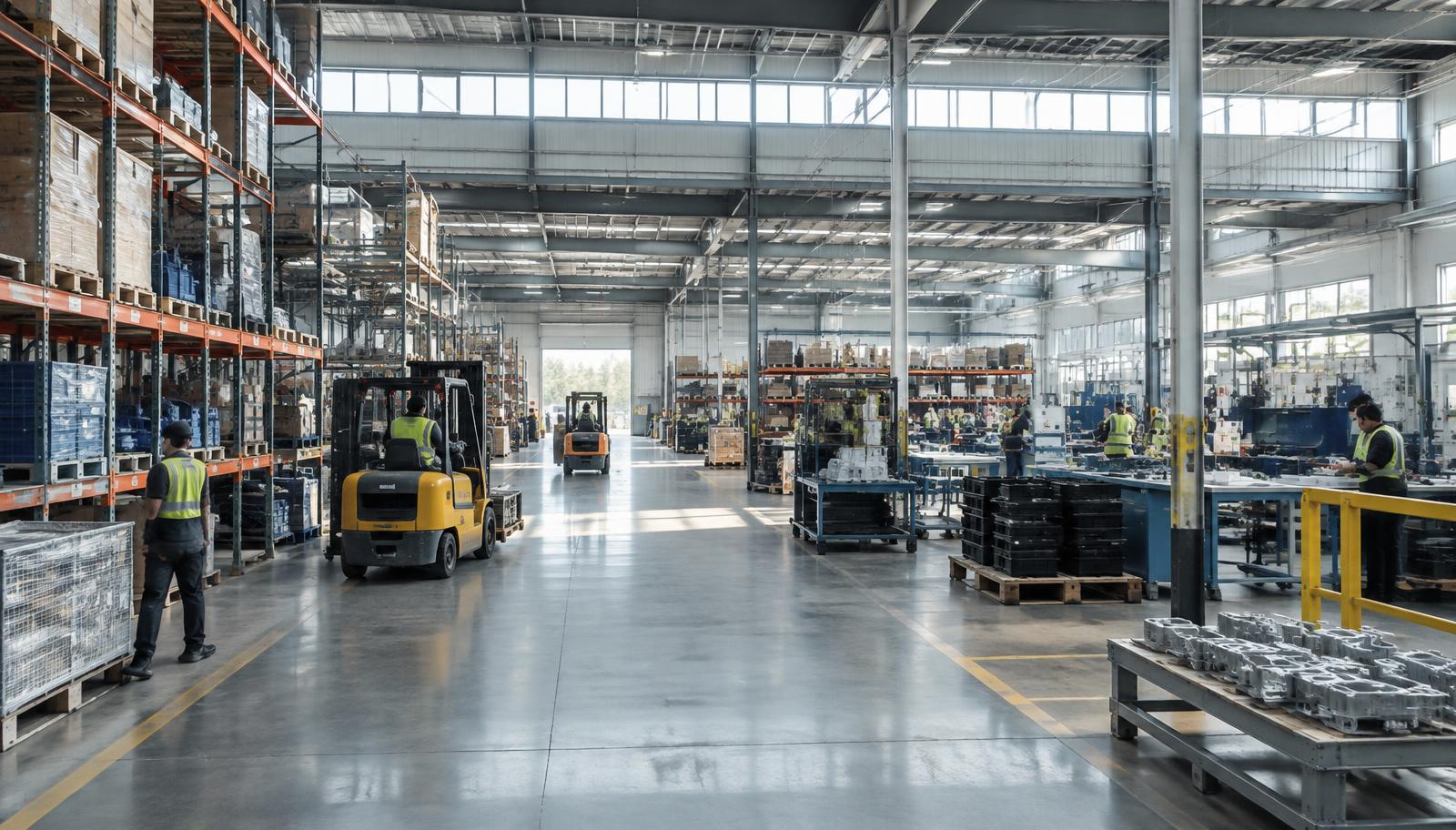 Busy modern warehouse with workers and forklifts